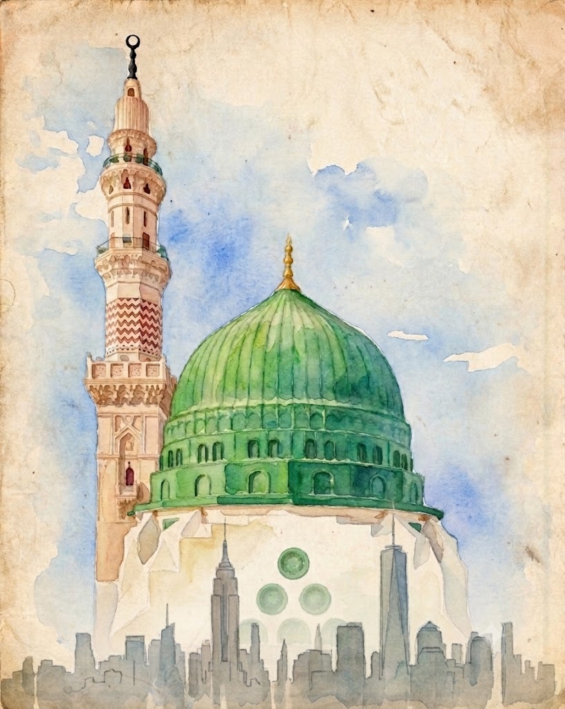 Watercolor of the Prophet's Mosque green dome above the New York City skyline